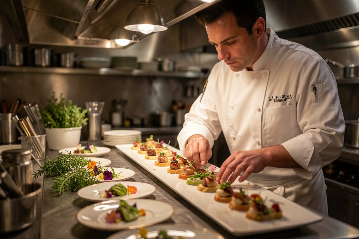 A chef arranging appetizers in a professional kitchen