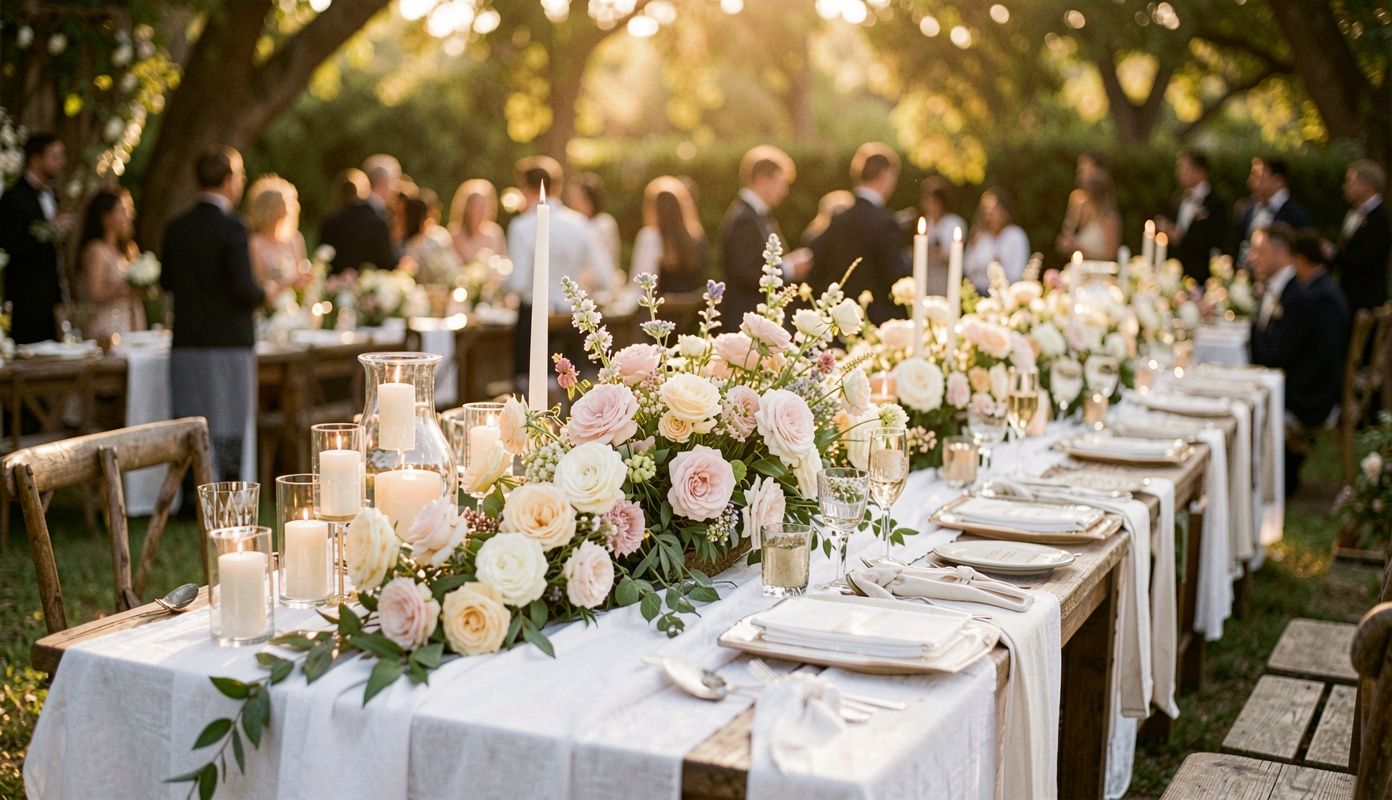 Long outdoor banquet table at a luxury wedding reception