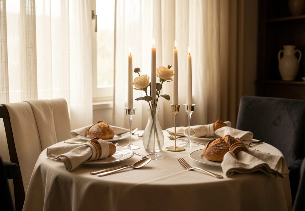 An intimate table set for two with candlelight