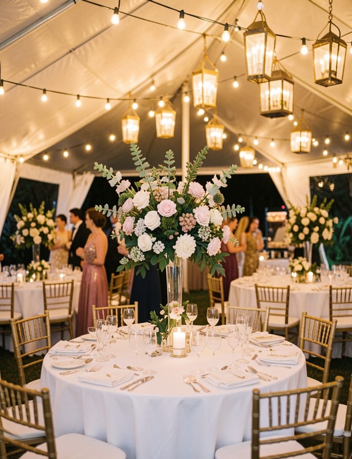 Outdoor tented dinner reception with warm lighting and tall florals