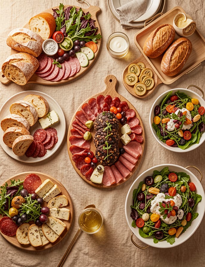 Overhead view of artisan catering platters and trays