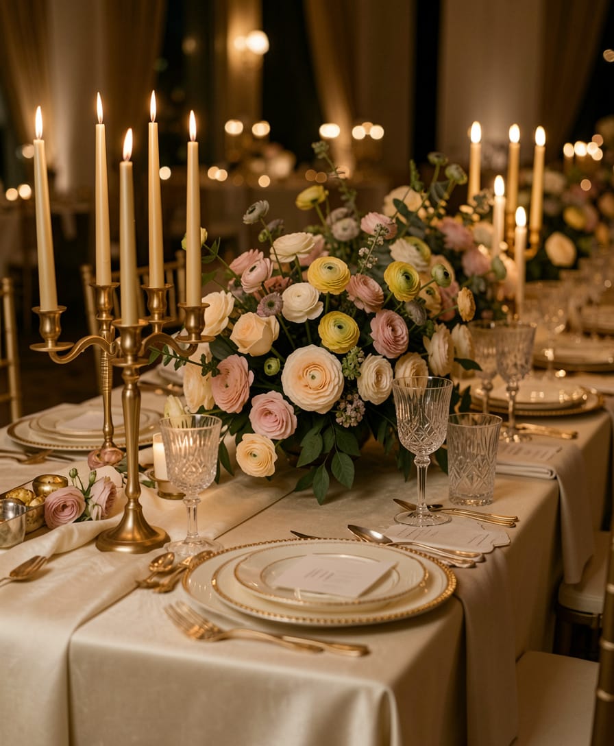 Luxury event tablescape with florals and candles