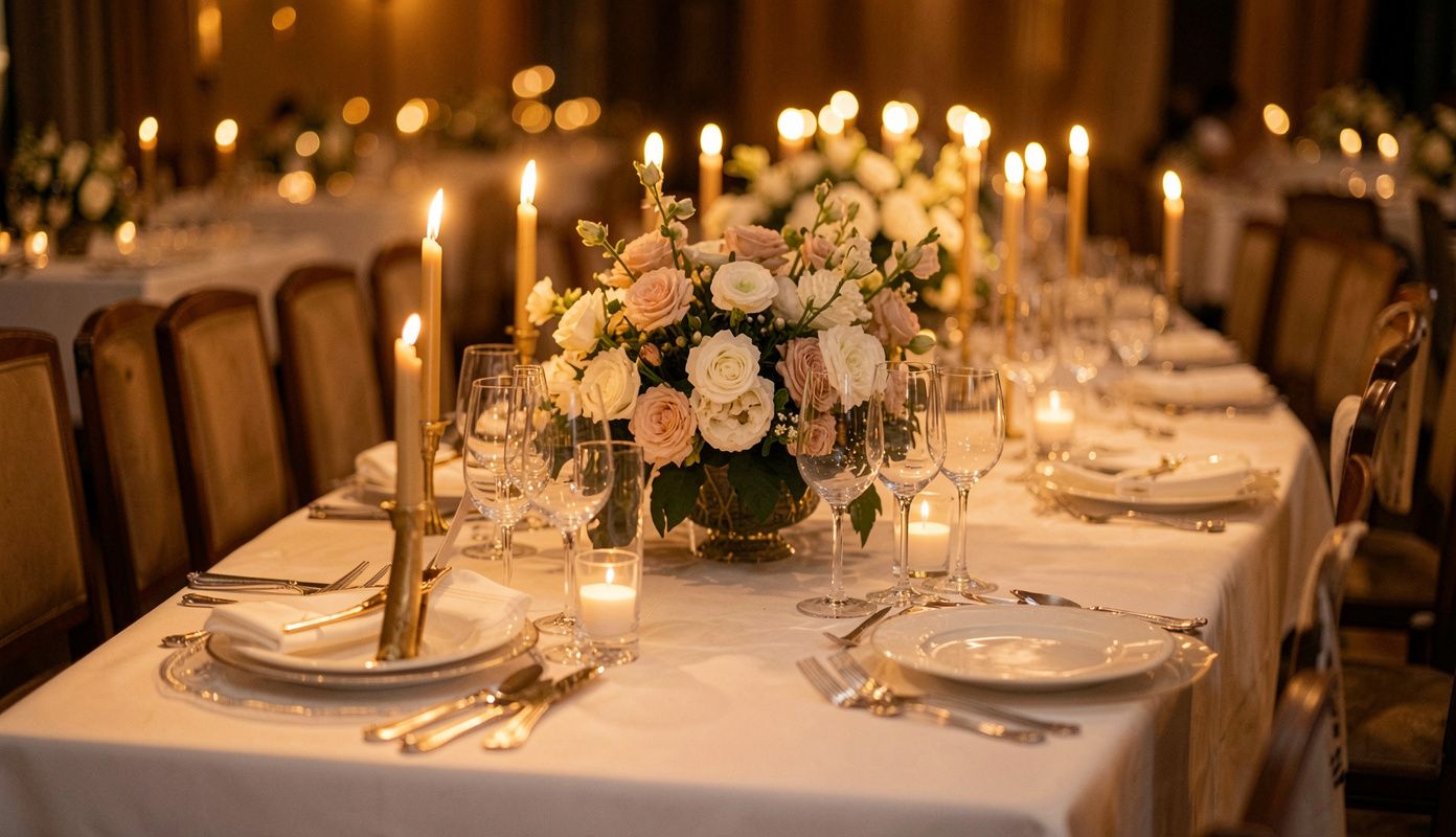 Long candlelit dining table set for a formal event with white linens and fresh florals
