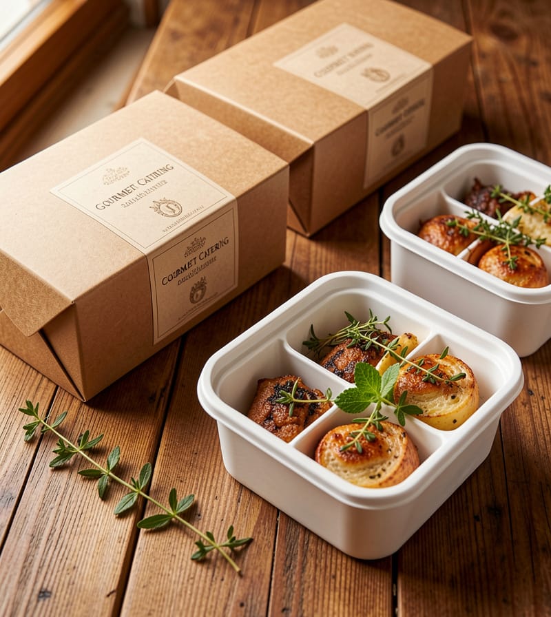 Gourmet catering delivery boxes on rustic wood