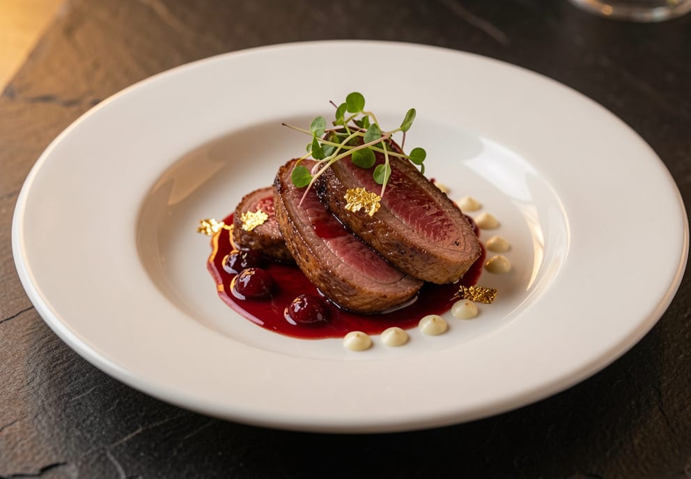 A beautifully plated duck course with cherry gastrique
