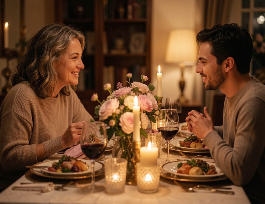 Two people sharing a warm conversation over an elegantly set candlelit dinner