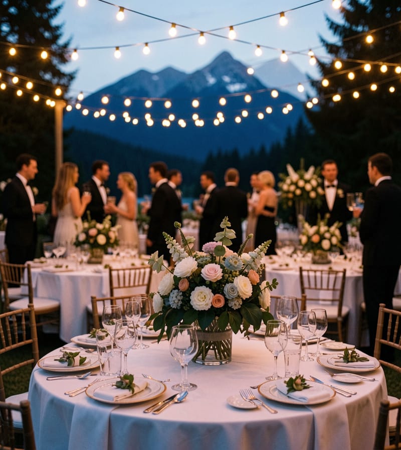 Outdoor wedding reception catering with mountain backdrop