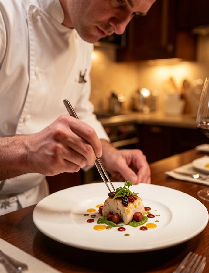 Private chef plating an elegant dish in a warm kitchen