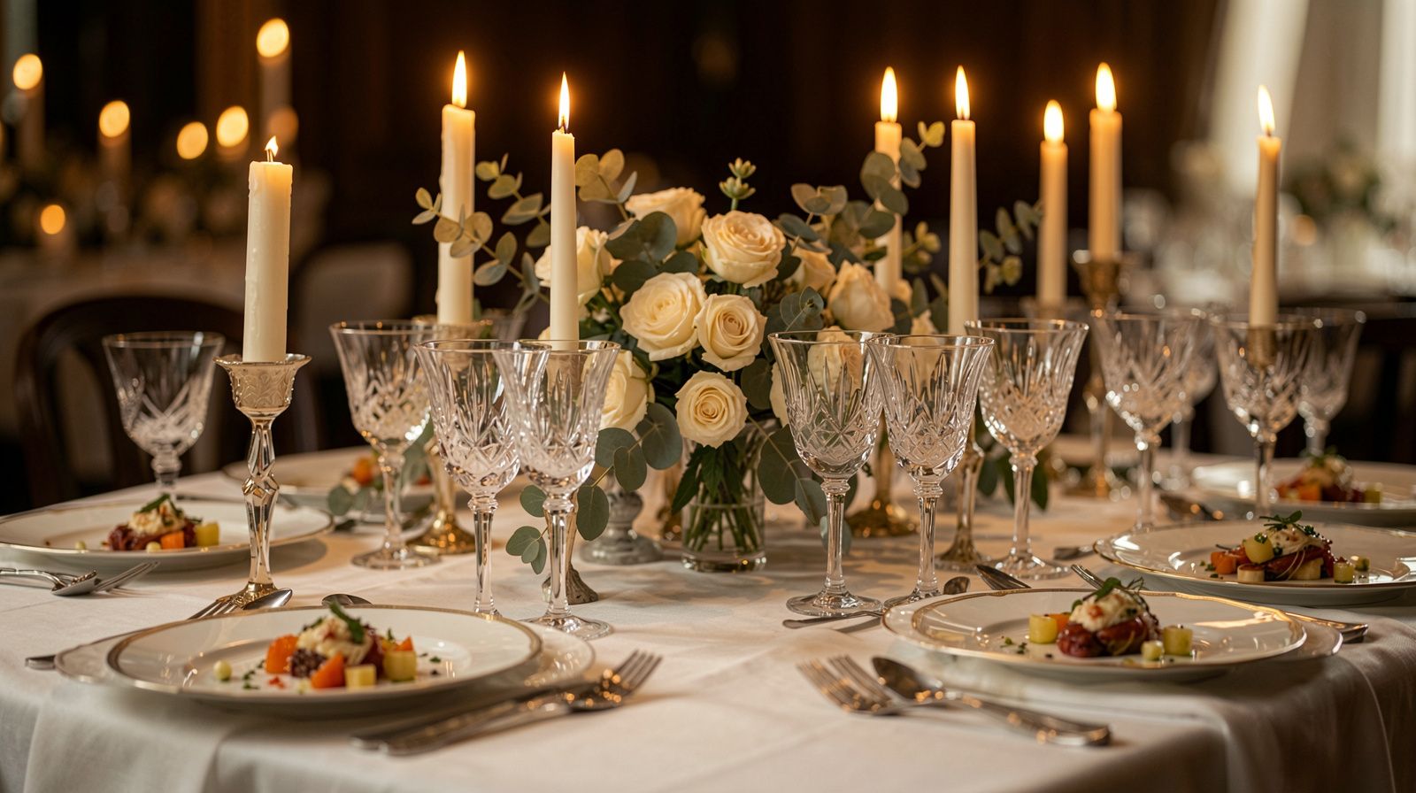An impeccably set dinner table with crystal, candles, and floral arrangements