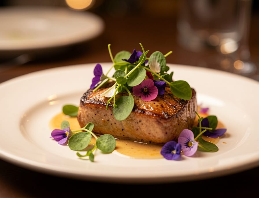 Close-up of an elegantly plated fine dining main course